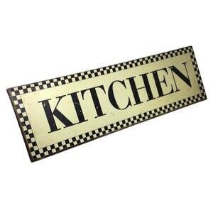 Retro Distressed Tin Kitchen Sign Decor Checkered Border Black Cream Farmhouse